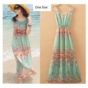 BOHO Sundress Green Floral Light Summer Maxi with lining